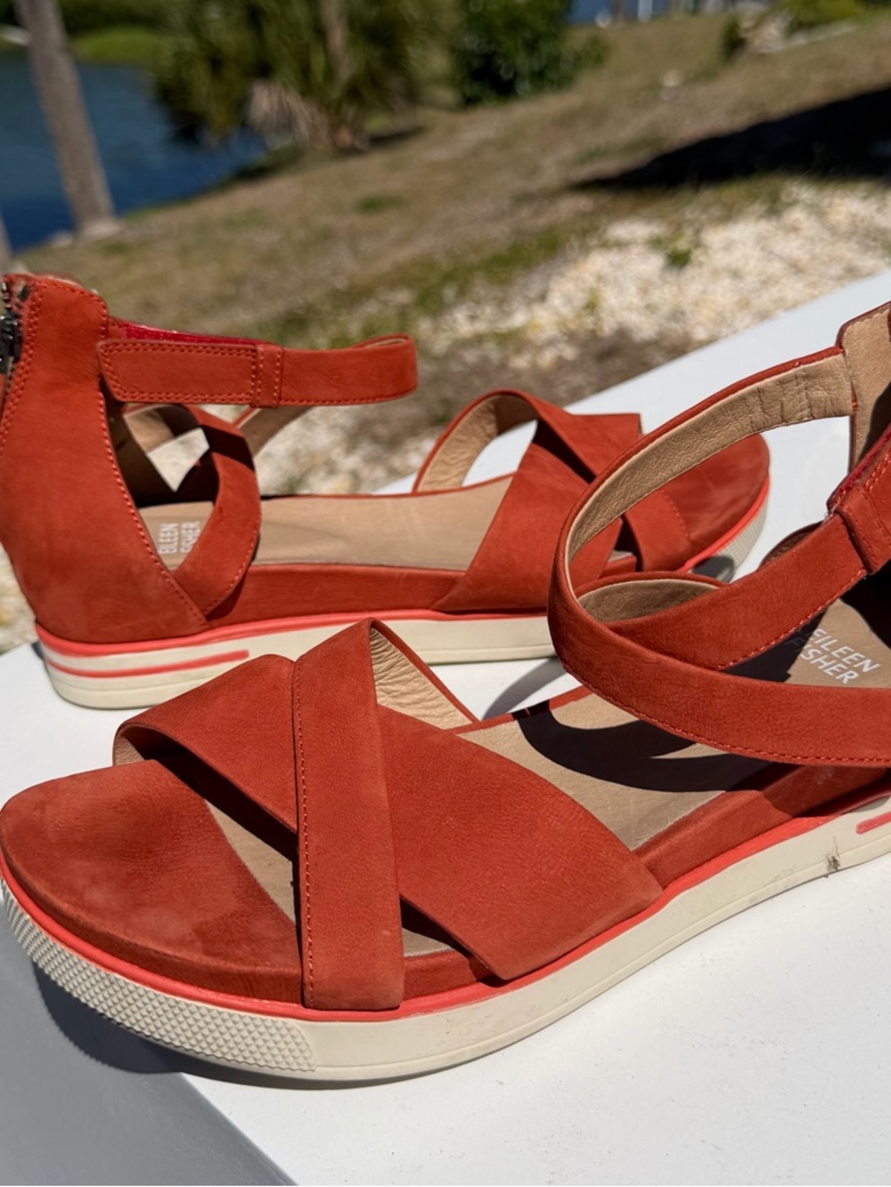 Eileen Fisher Rust Orange Suede Strappy Ankle Sandals